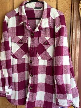Classic Plaid Utility Shacket in Berry and White